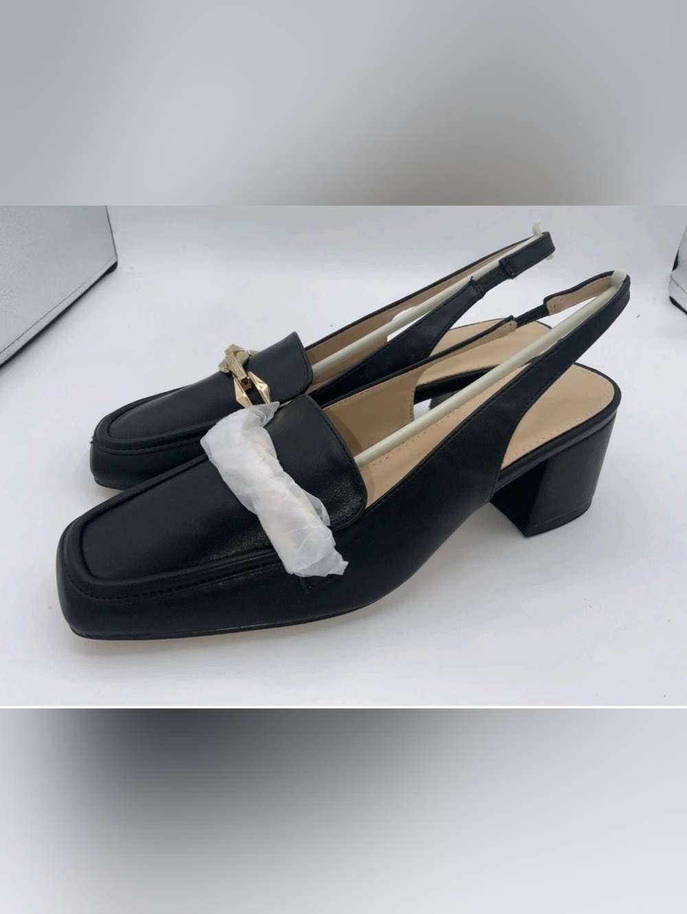 Women's Black Slingback Loafers with Gold Chain Accent